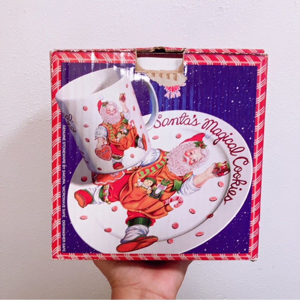 VINTAGE SANTA'S MAGICAL COOKIES PLATE & CUP STONEWARE SET by CHERYL ANN